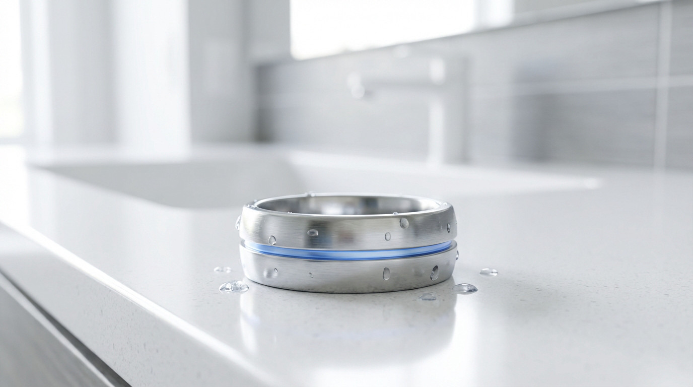 Sleek metallic anti-limescale ring with blue band and water droplets on a bright, minimalist white counter, suggesting clean water.