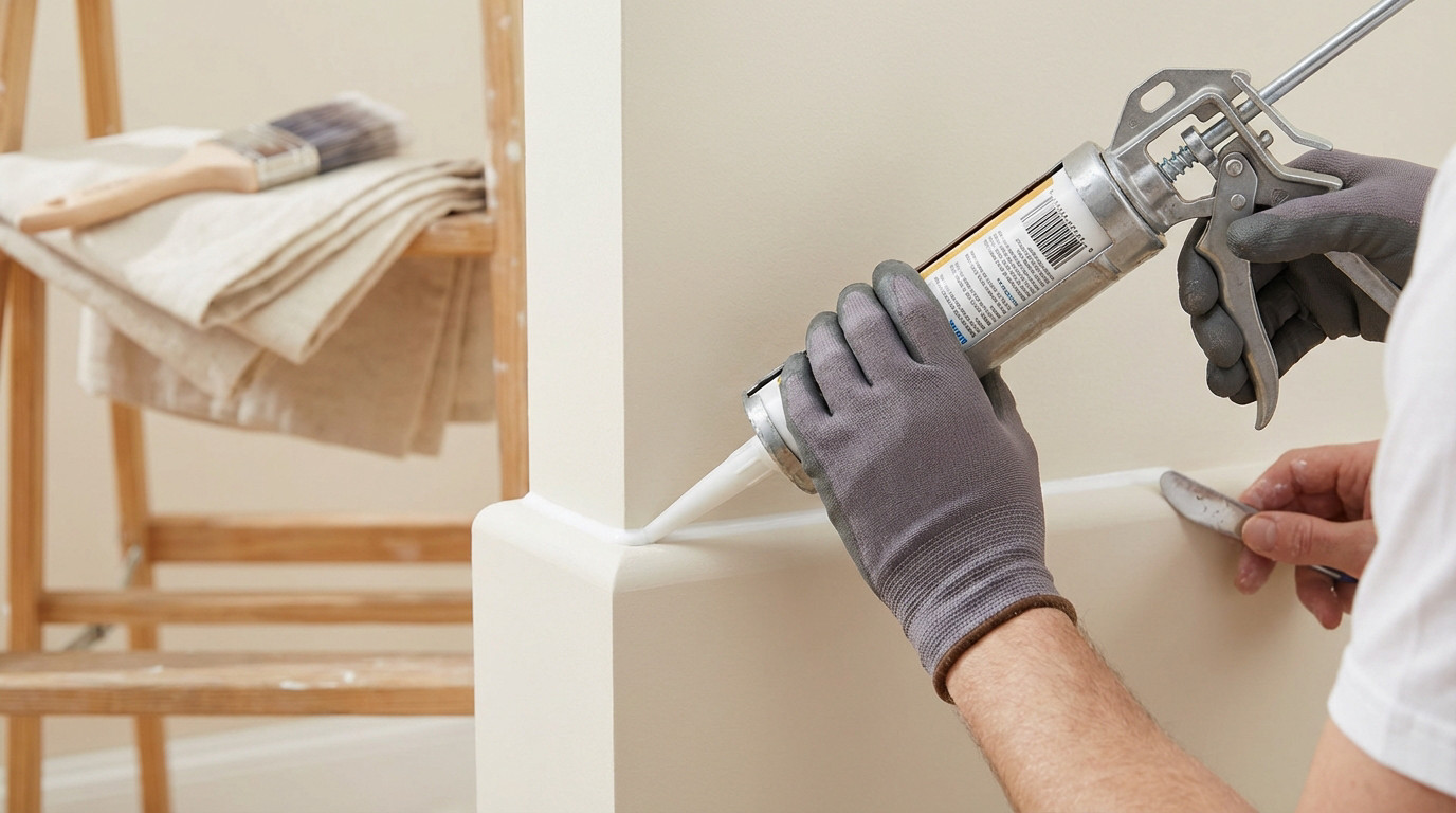 Personne gantée appliquant un joint acrylique blanc avec un pistolet à mastic sur une plinthe murale. Un outil lisse le cordon.