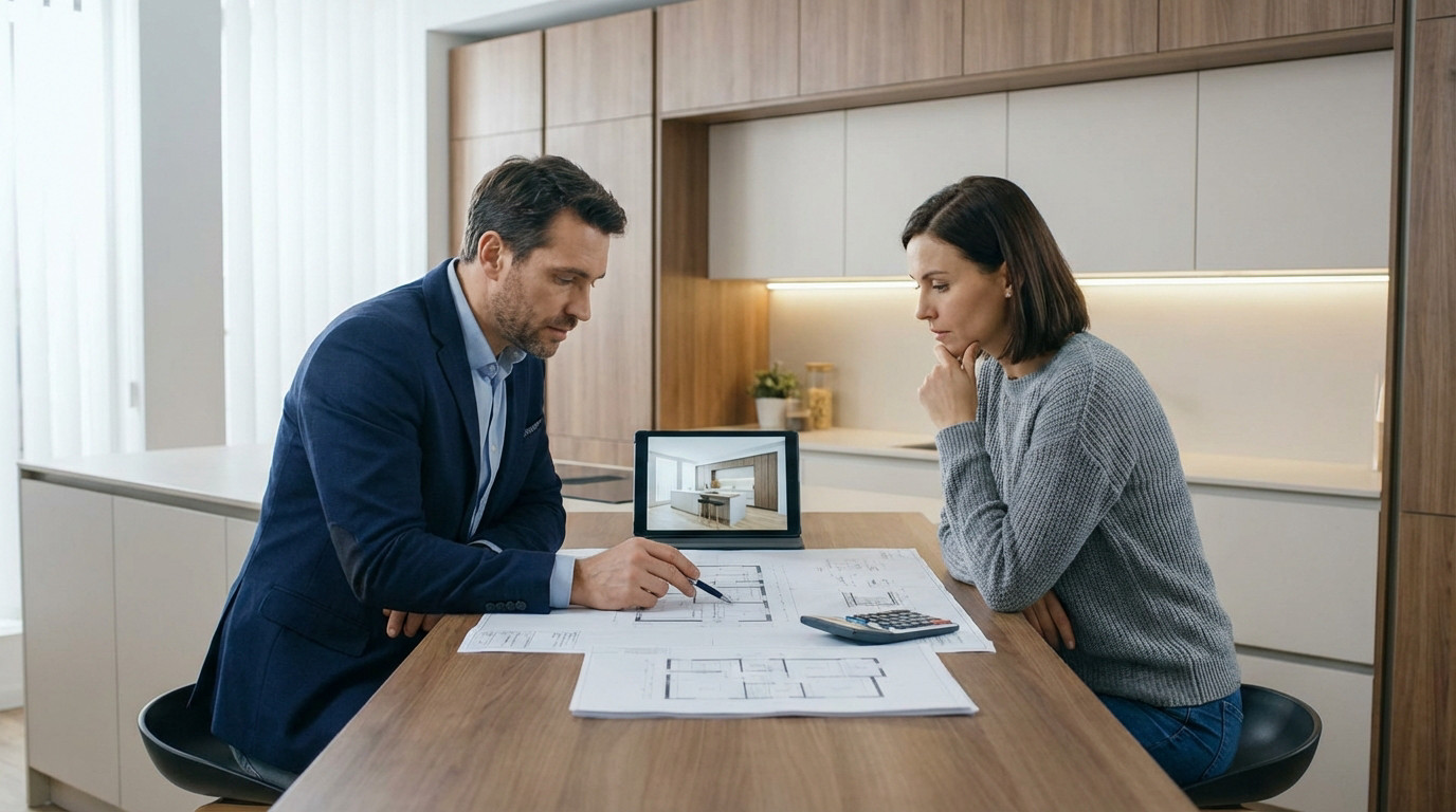 Deux personnes analysent des plans de cuisine et un rendu 3D sur tablette, avec un calculateur à proximité, dans un showroom.