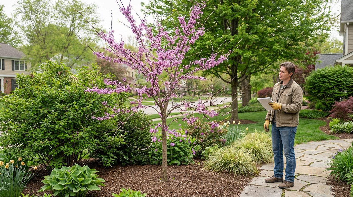 Un homme en veste examine un arbre de Judée aux fleurs roses-mauves, sur un chemin de pierres dans un jardin résidentiel.