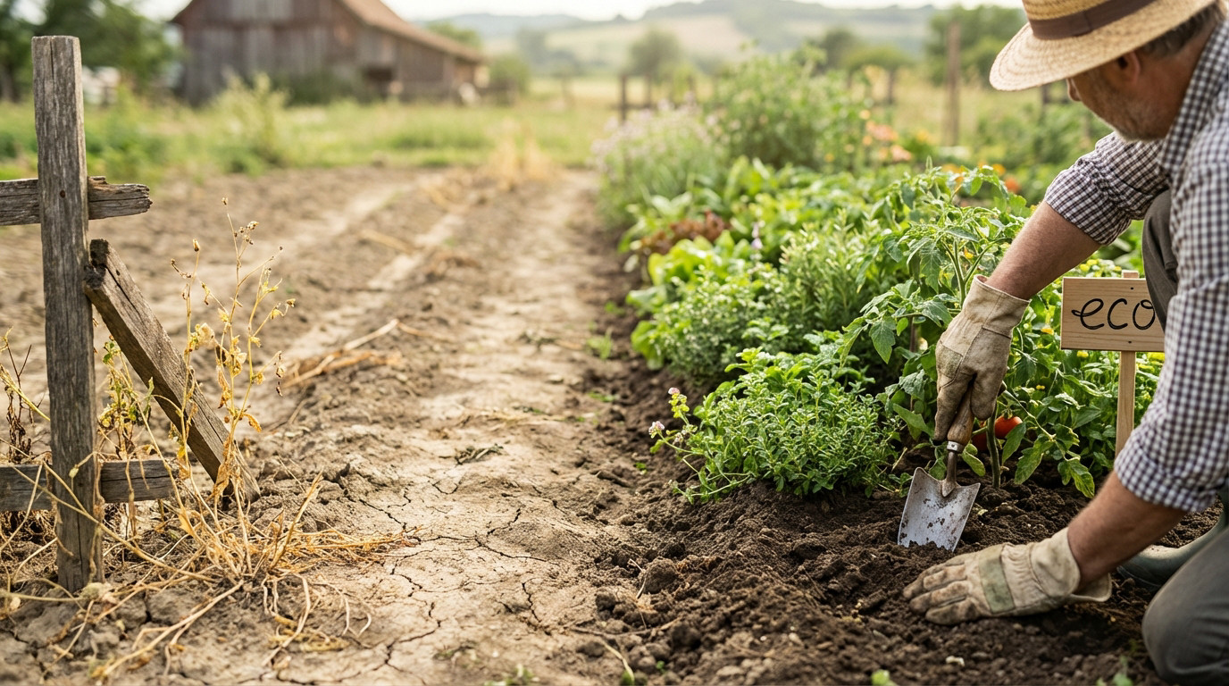 A gardener tends to lush plants in rich soil, contrasting with dry, cracked earth on the left, illustrating sustainable practices.