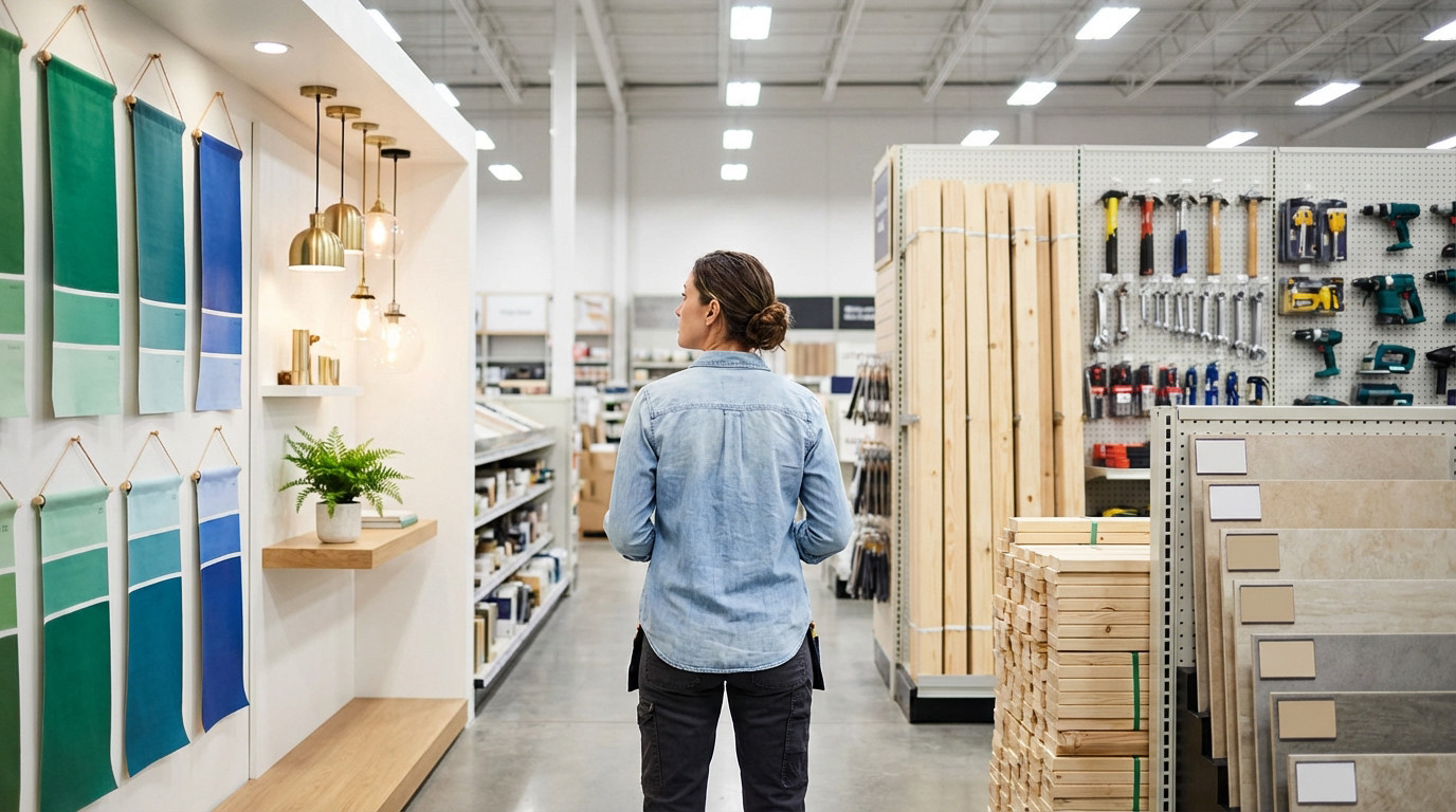Female shopper in a modern home store, facing away, contemplating design elements (paint, lights) on left and DIY tools/materials on right.