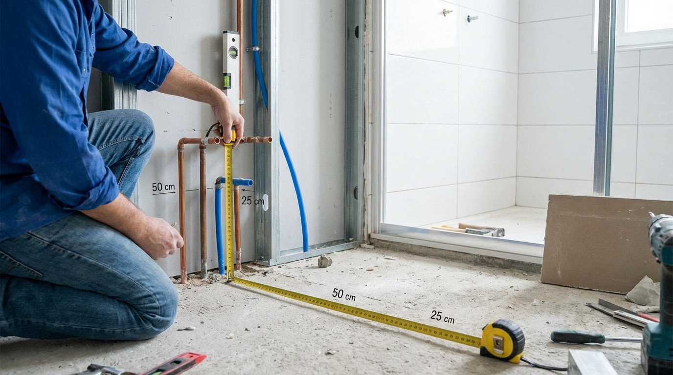 Un plombier mesure la hauteur des arrivées d'eau (50 cm, 25 cm) pour WC en chantier, avec tuyaux cuivre et PEX.