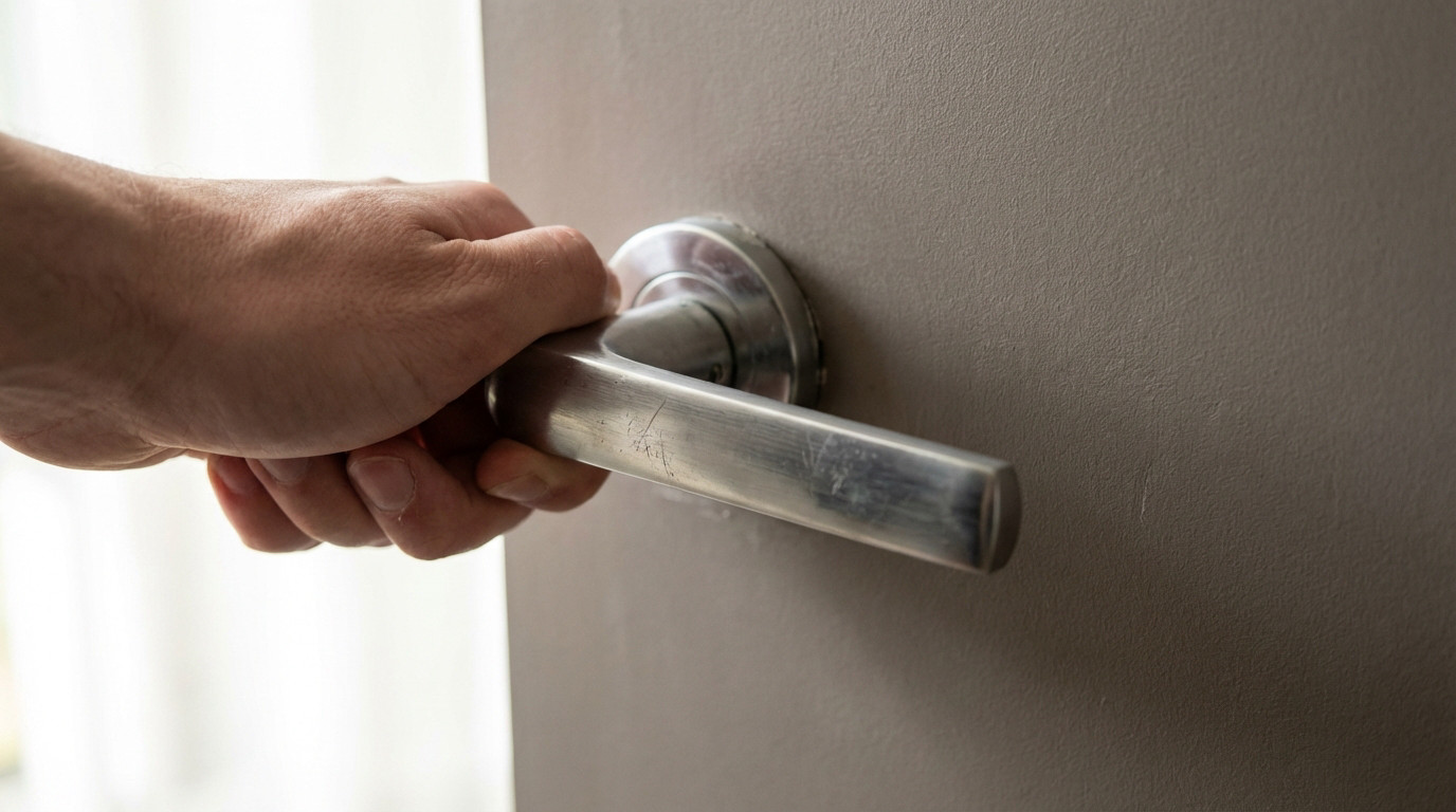 Close-up of a hand gently gripping a worn, brushed chrome door handle on a light brown door, suggesting it's stuck or jammed.
