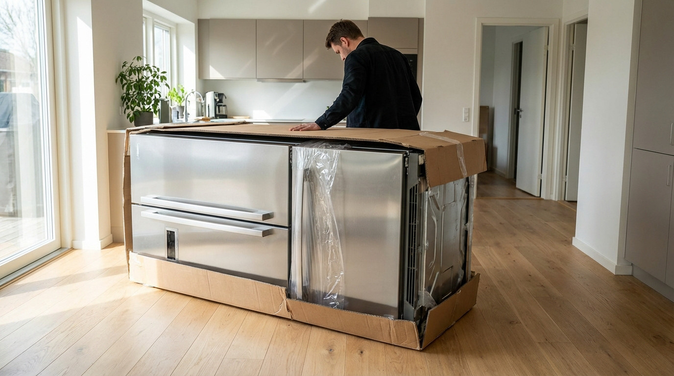 Man inspecting new stainless steel refrigerator, partially packaged, lying horizontally on a wooden floor in a bright modern kitchen.