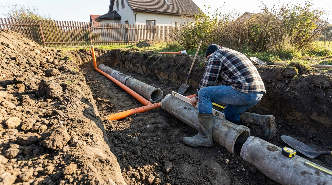 Un homme installe des buses en béton et des tuyaux de drainage orange dans une tranchée, utilisant un niveau. Maison en arrière-plan.