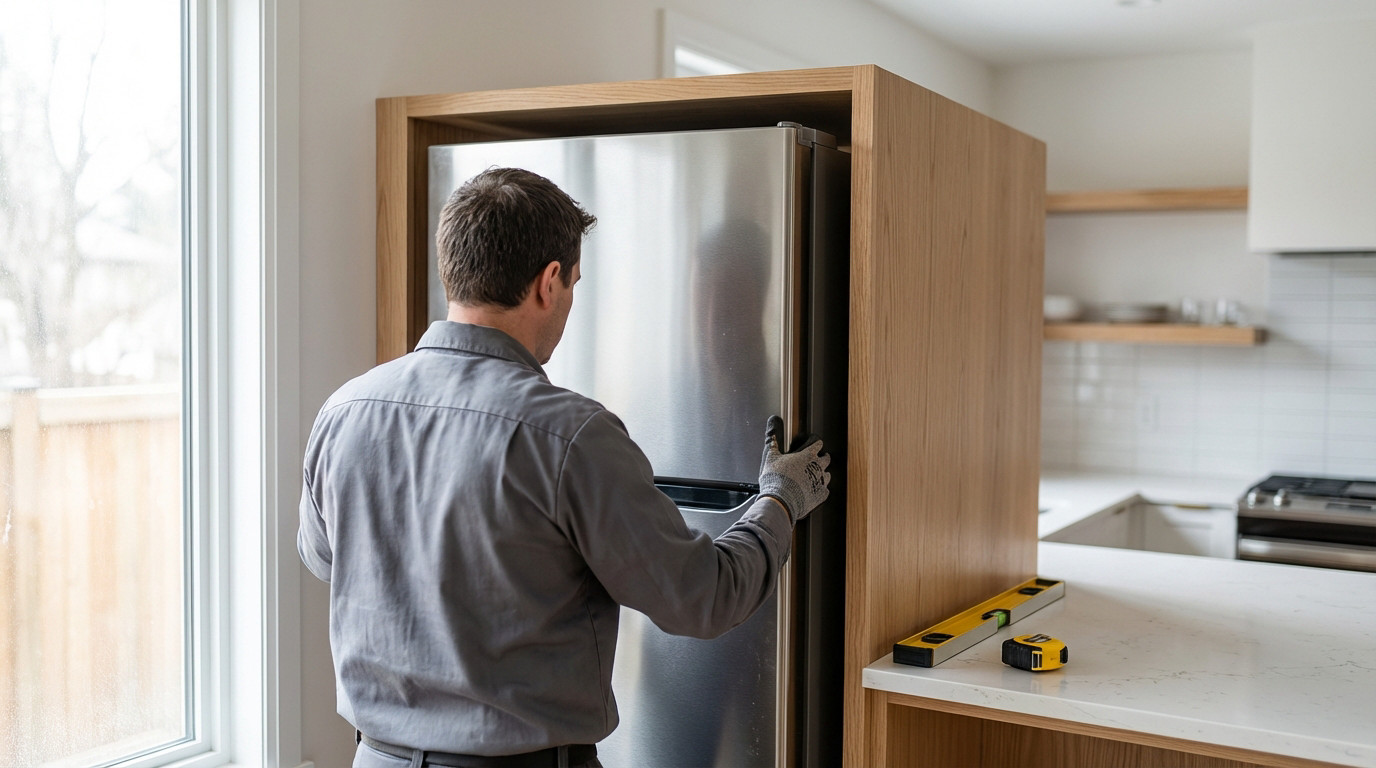 A worker carefully installs a stainless steel refrigerator into a light wood cabinet in a modern kitchen. A level and tape measure are on the counter.