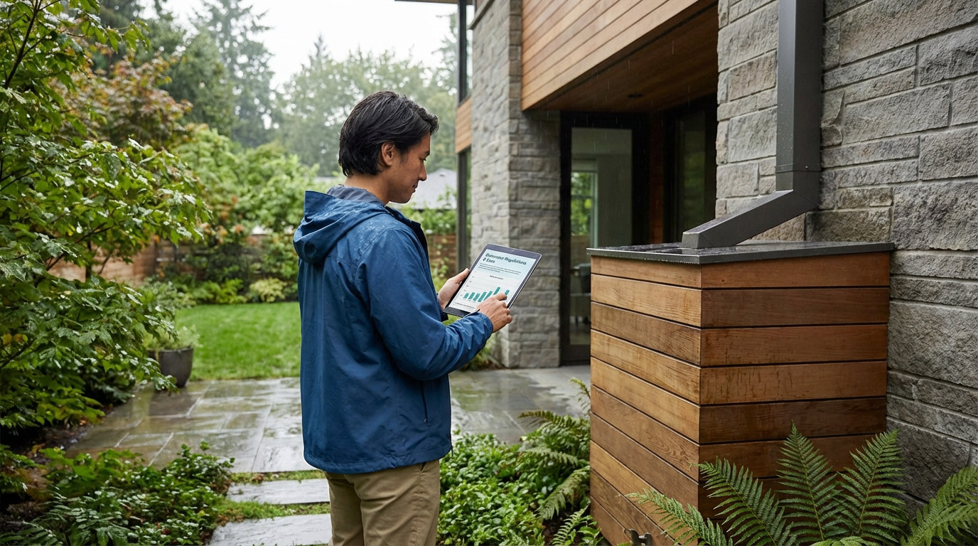 A man in a blue jacket views a tablet with data about rainwater regulations next to a modern collection system on a house.