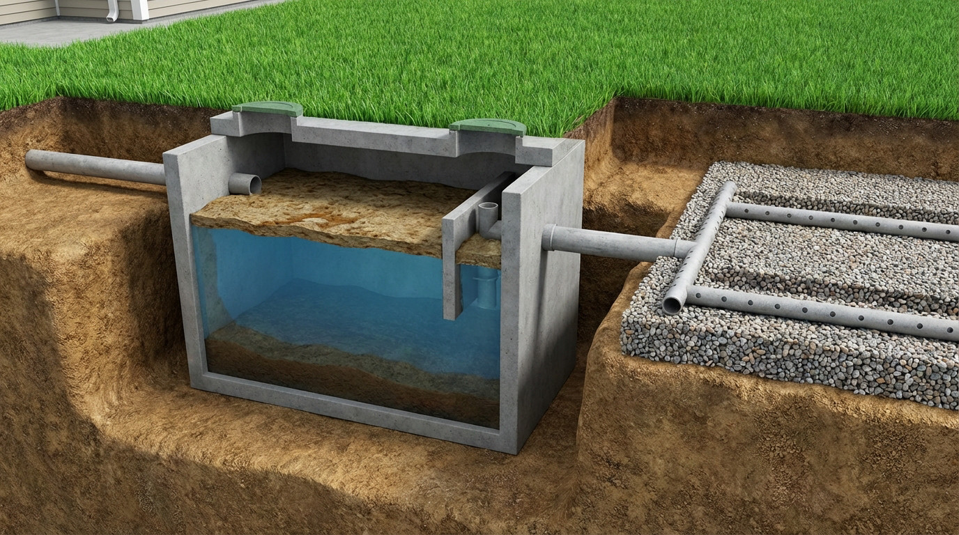 Detailed cross-section of an underground septic tank system. Shows inlet, tank with scum, effluent, sludge layers, outlet, and drain field in soil and grass.