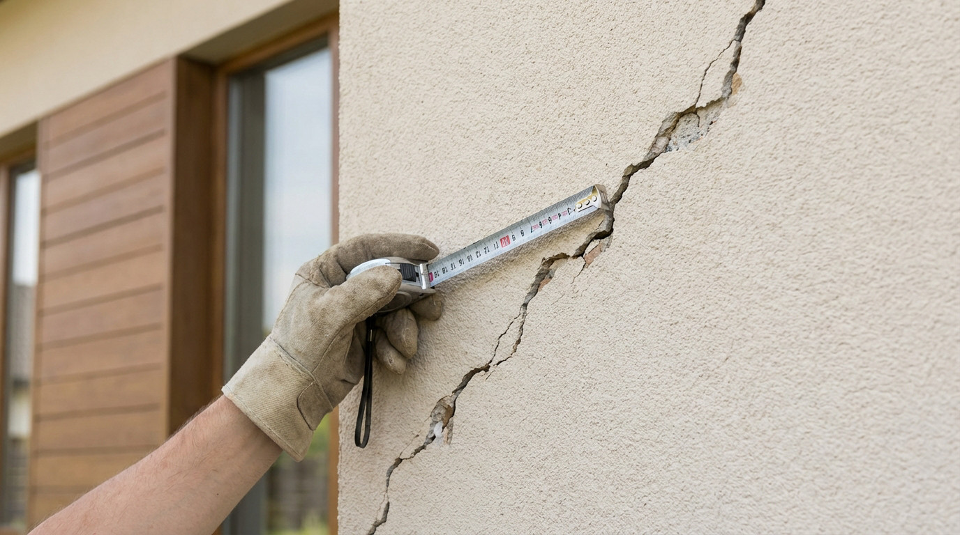 A gloved hand measures a diagonal crack on a light beige stucco house wall with a metallic tape. The crack shows depth variations.
