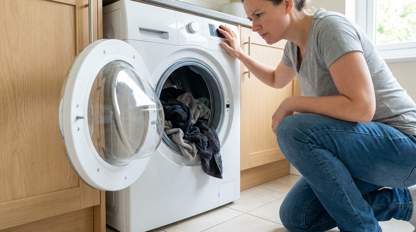 A woman kneels, examining a front-loading washing machine with its door open, revealing a pile of wet, unspun laundry. She looks concerned, trying to fix the appliance.