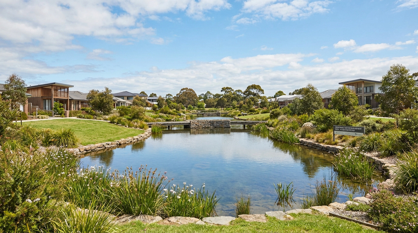Bassin de rétention pluviale paysager avec maisons modernes, jardins luxuriants, plantes aquatiques et ponts en bois sous ciel nuageux.