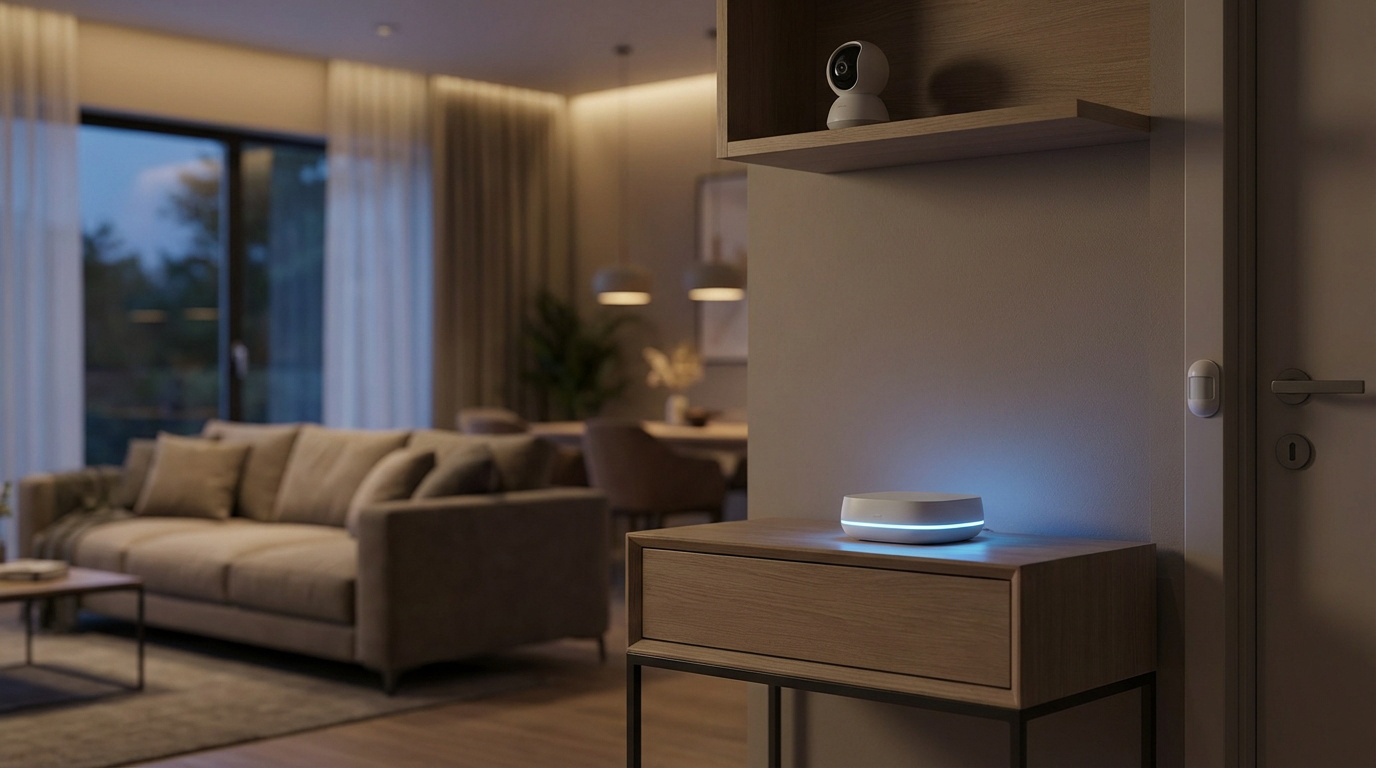 Un hub lumineux, une caméra de surveillance et un capteur de porte dans un intérieur moderne, symbolisant un système de sécurité résidentiel.