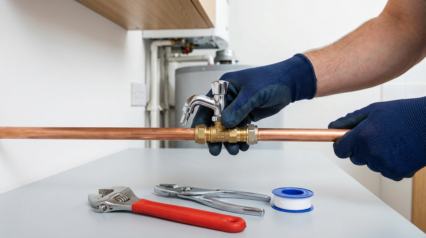 Mains gantées installant un robinet chromé sur tuyau de cuivre avec raccords laiton, outils au premier plan.