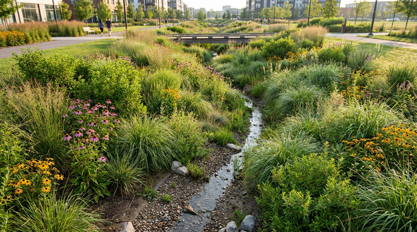 Une noue paysagère verdoyante avec un ruisseau serpentant au milieu de plantes et de fleurs dans un cadre urbain.