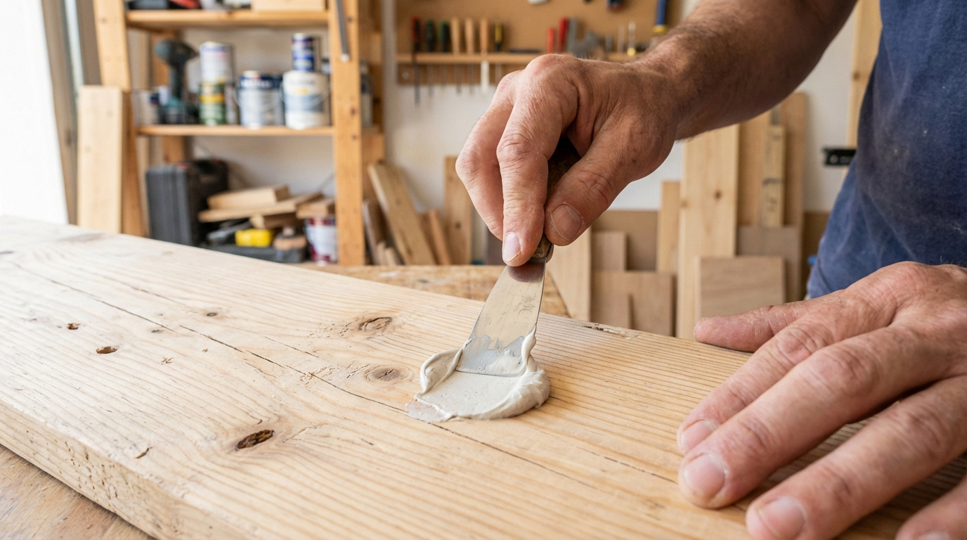 Gros plan sur des mains appliquant de l'enduit avec une spatule sur une planche de bois brut dans un atelier.