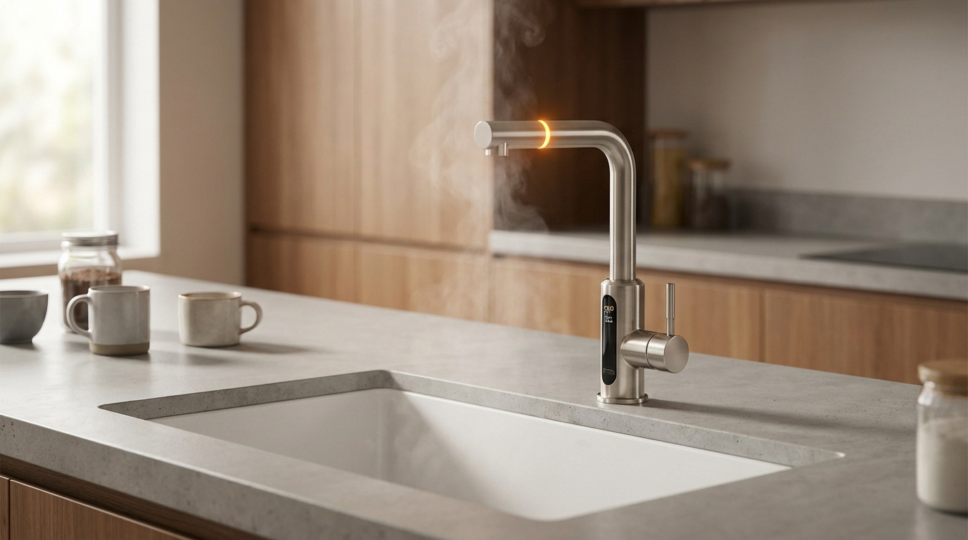 Robinet d'eau chaude instantanée en métal brossé dans une cuisine moderne, avec de la vapeur s'échappant du bec et une lumière orange.