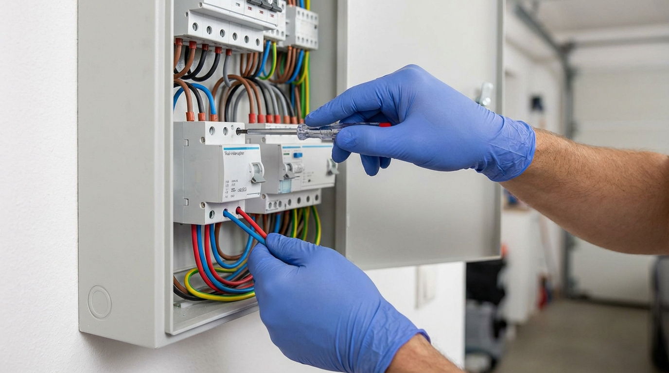 Mains gantées bleues raccordant des fils colorés à un télérupteur Legrand avec un tournevis dans un tableau électrique.