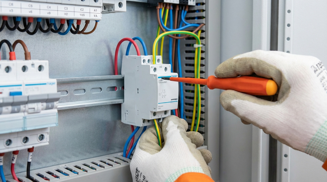 Gros plan sur des mains gantées branchant un télérupteur Hager avec un tournevis dans un tableau électrique. Fils colorés visibles.