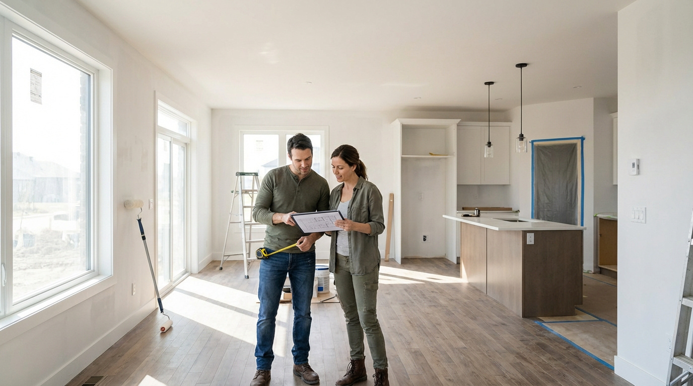 Couple souriant dans une maison neuve en chantier, examinant des plans avec un mètre ruban et du matériel de peinture.