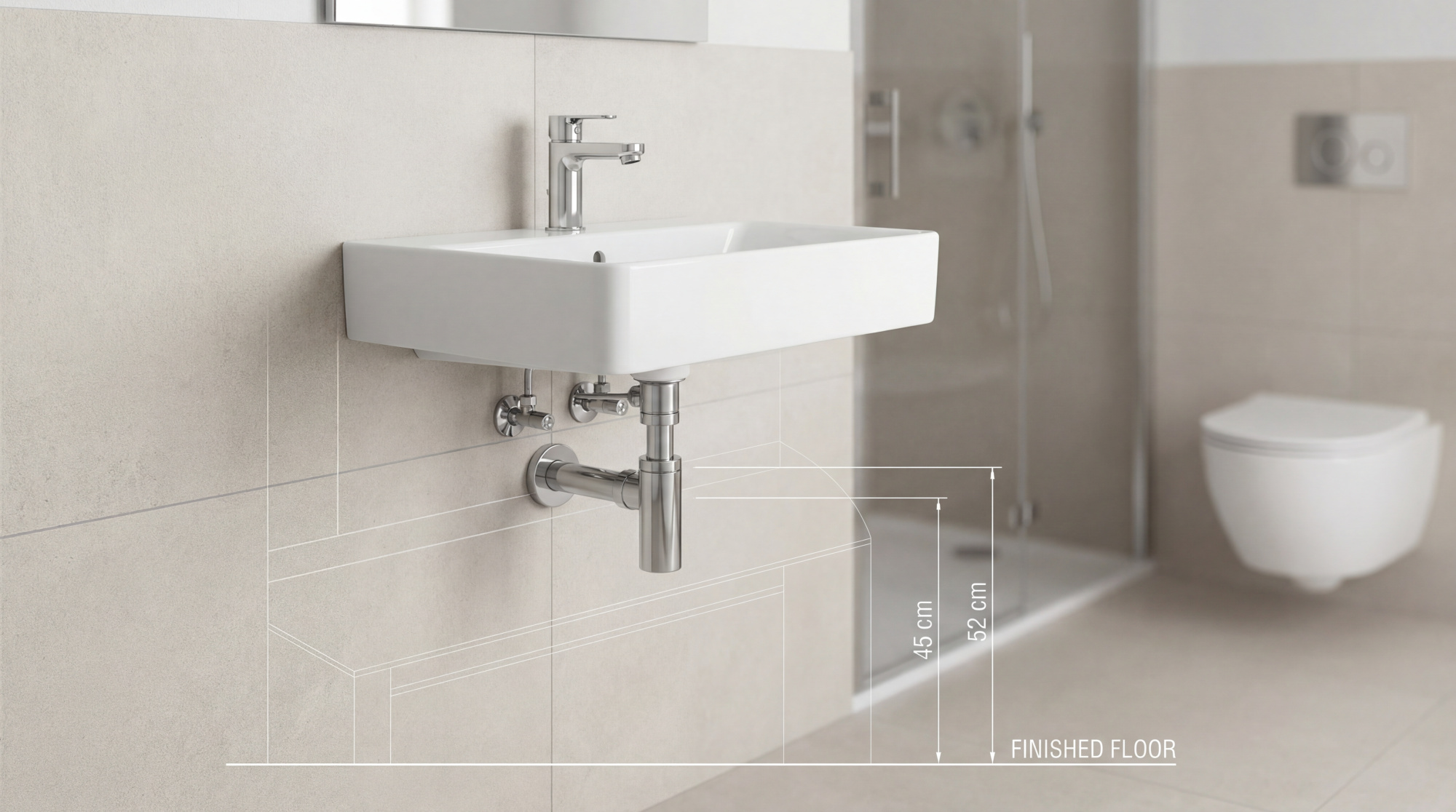 Vue d'un lavabo mural moderne et sa robinetterie chromée avec des annotations de hauteur d'évacuation (45 et 52 cm) depuis le sol fini.