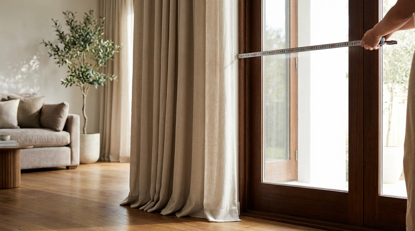 Mains mesurant une large fenêtre avec un mètre ruban pour des rideaux. Salon lumineux, canapé et plante en arrière-plan.