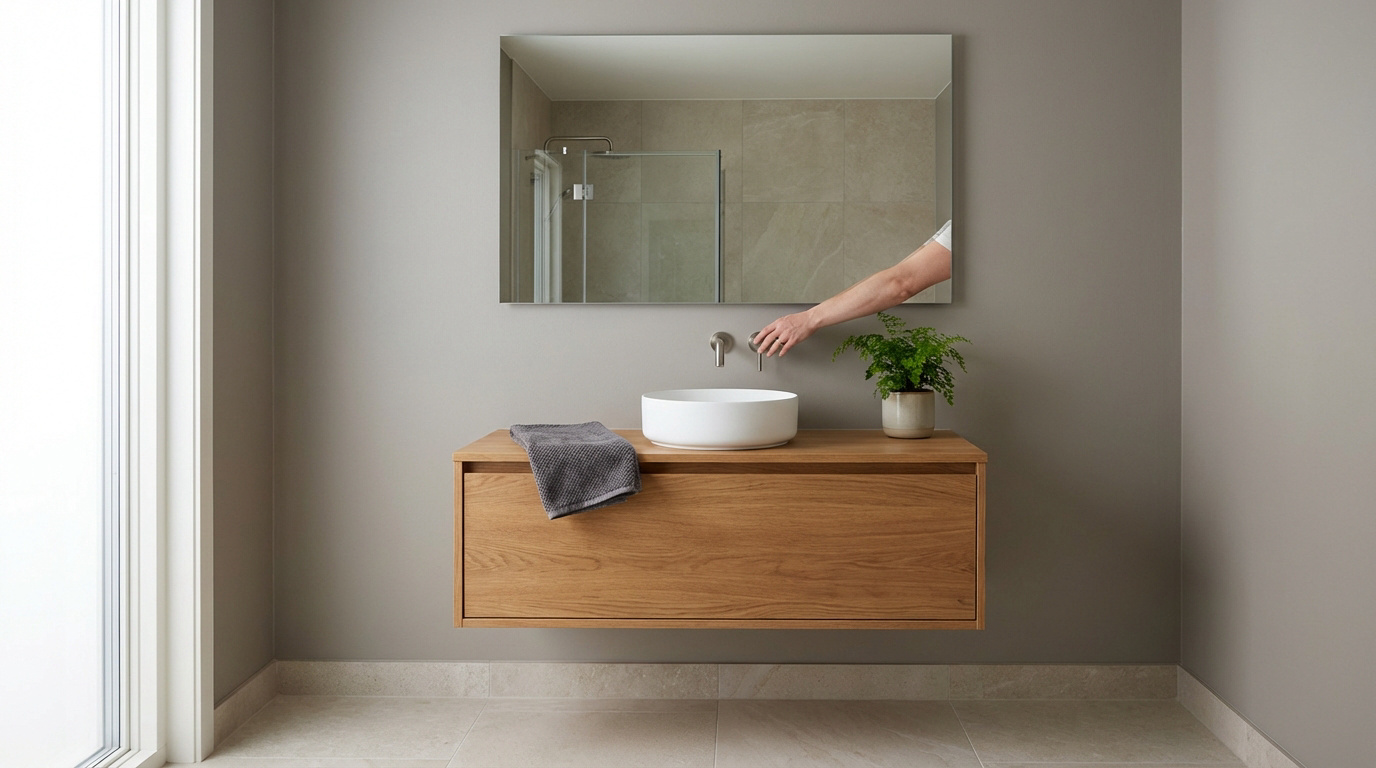 Vasque moderne en bois clair suspendue avec robinet mural. Une main ajuste l'eau. Détails: miroir, serviette, plante verte.