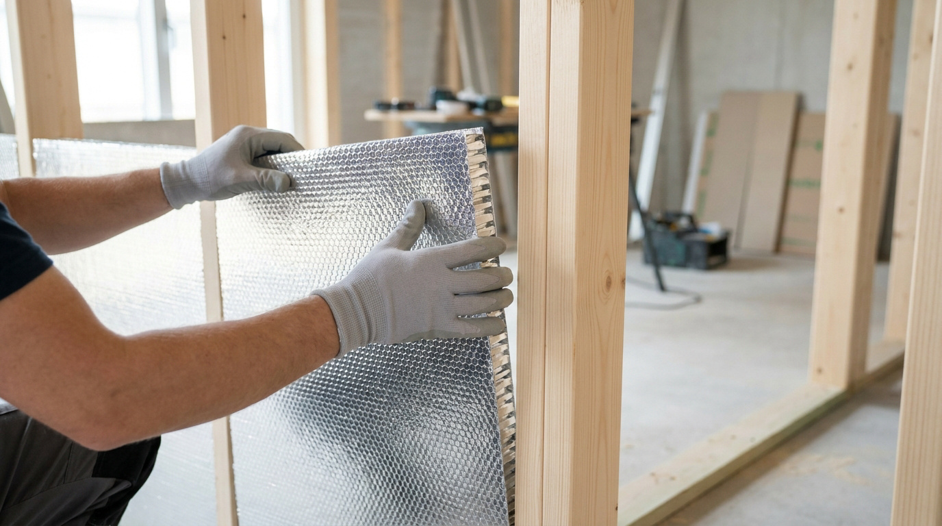 Gros plan sur les mains d'un ouvrier installant un panneau d'isolant thermique multicouche Hybris argenté entre des montants en bois.