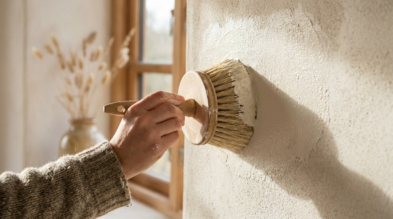 Une main applique de la peinture à la chaux sur un mur texturé clair avec une brosse à chauler ronde. Lumière naturelle par une fenêtre.