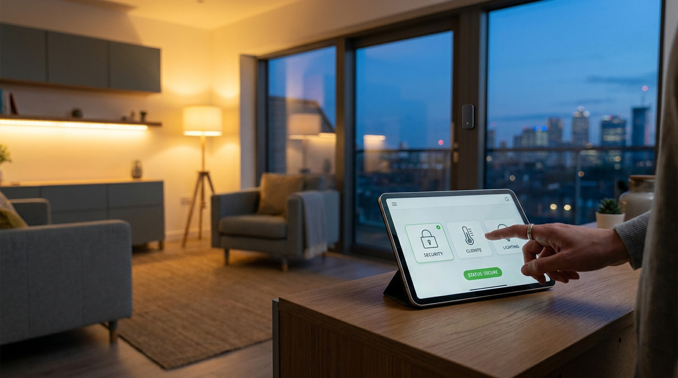 Main contrôlant une tablette domotique (sécurité, climat, éclairage) dans un appartement moderne avec vue sur ville.