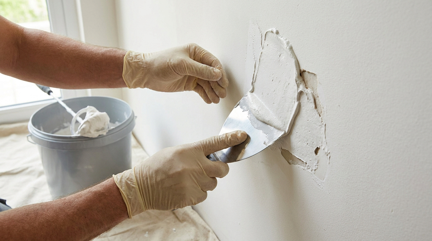 Une personne avec des gants applique du MAP sur un trou dans un mur blanc à l'aide d'une spatule en métal.
